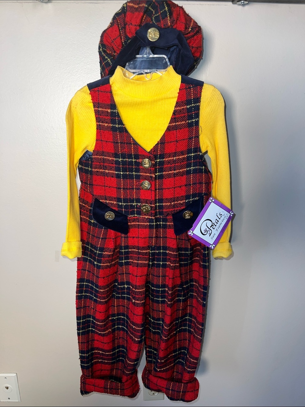 Kids Vintage Plaid Red & Navy Jumpsuit with Yellow Top And Matching Hat